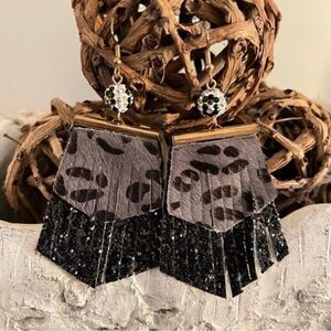 Animal Print Sparkle Fabric Fringe Beaded Statement Earrings